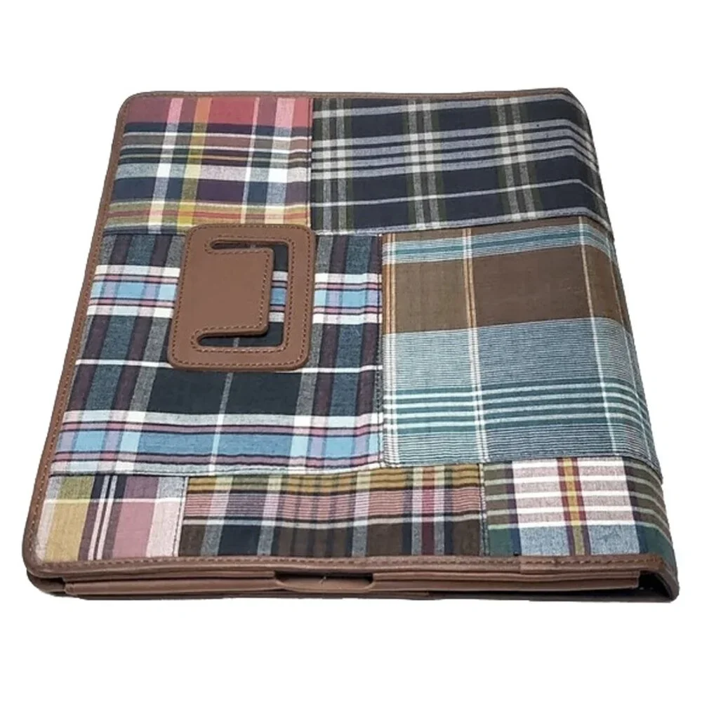 NEW POLO RALPH LAUREN Patchwork Madras Plaid & Leather Tablet Cover! Navy Brown